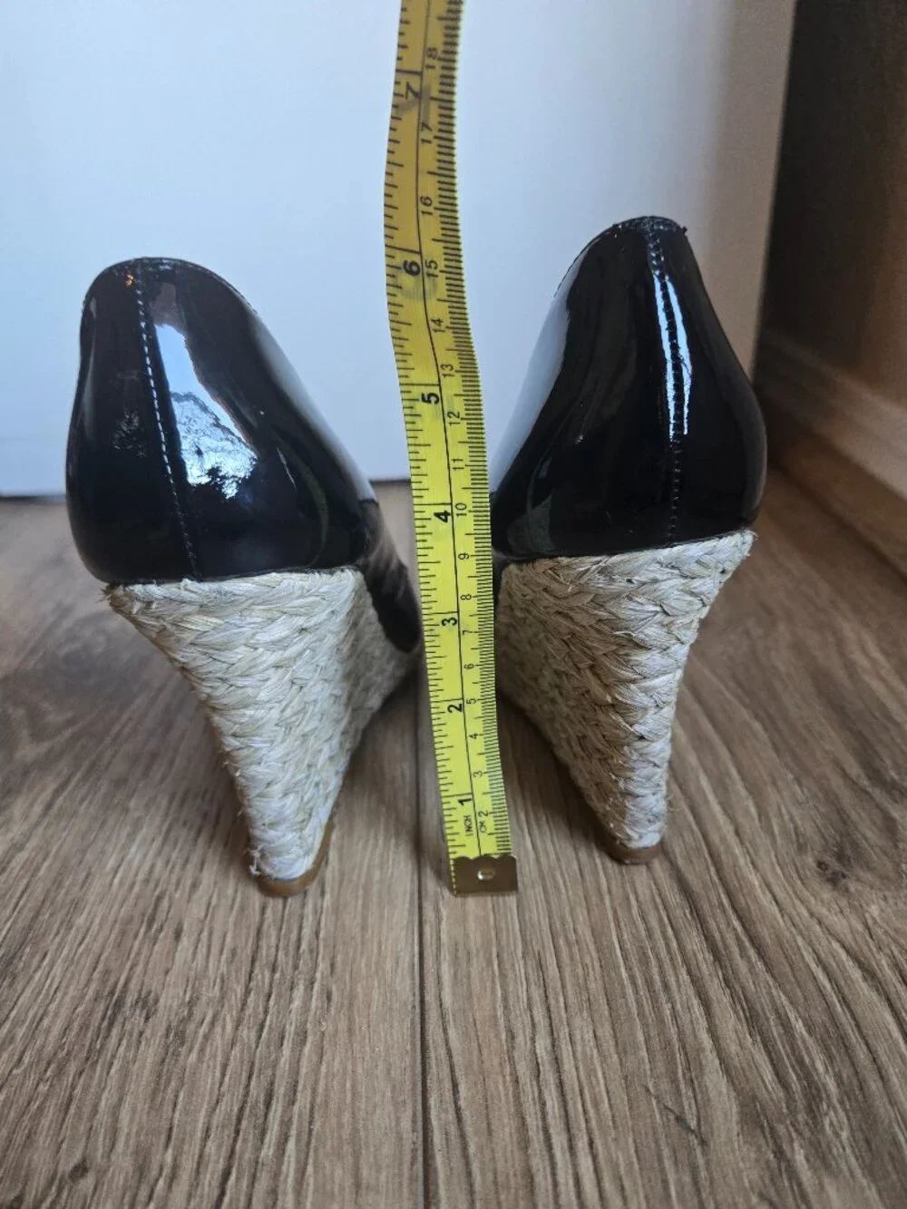 L.K. Bennett Maddox black patent leather espadrille wedge heels